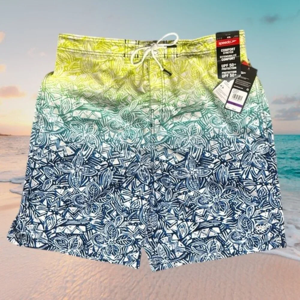NWT Speedo Comfort Stretch Lined Blue Green Yellow UPF 50+ Swim Trunk Shorts XXL